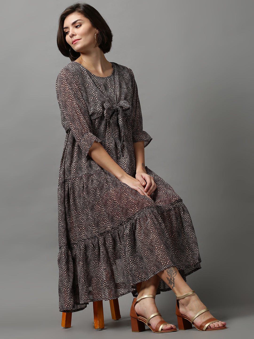 Women's Black Animal Printed Georgette Tiered A-Line Midi Dress