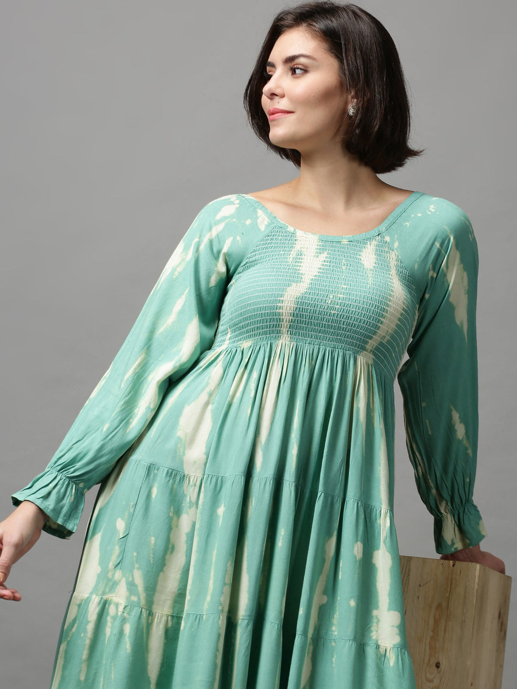 Women's Sea Green Floral Printed Tie and Dye Smocked Cotton Maxi Dress