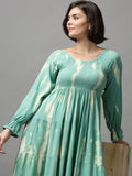 Women's Sea Green Floral Printed Tie and Dye Smocked Cotton Maxi Dress