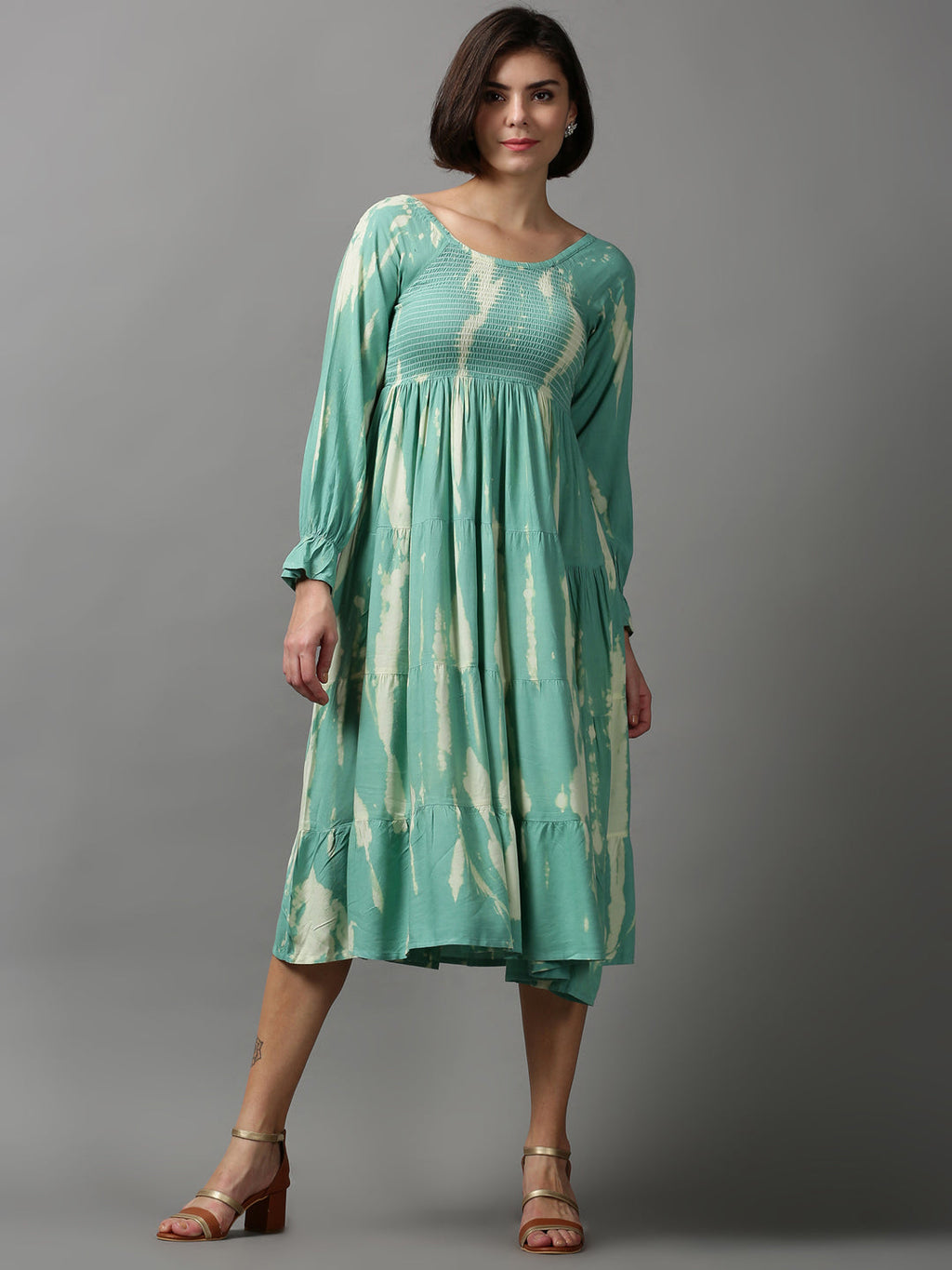Women's Sea Green Floral Printed Tie and Dye Smocked Cotton Maxi Dress