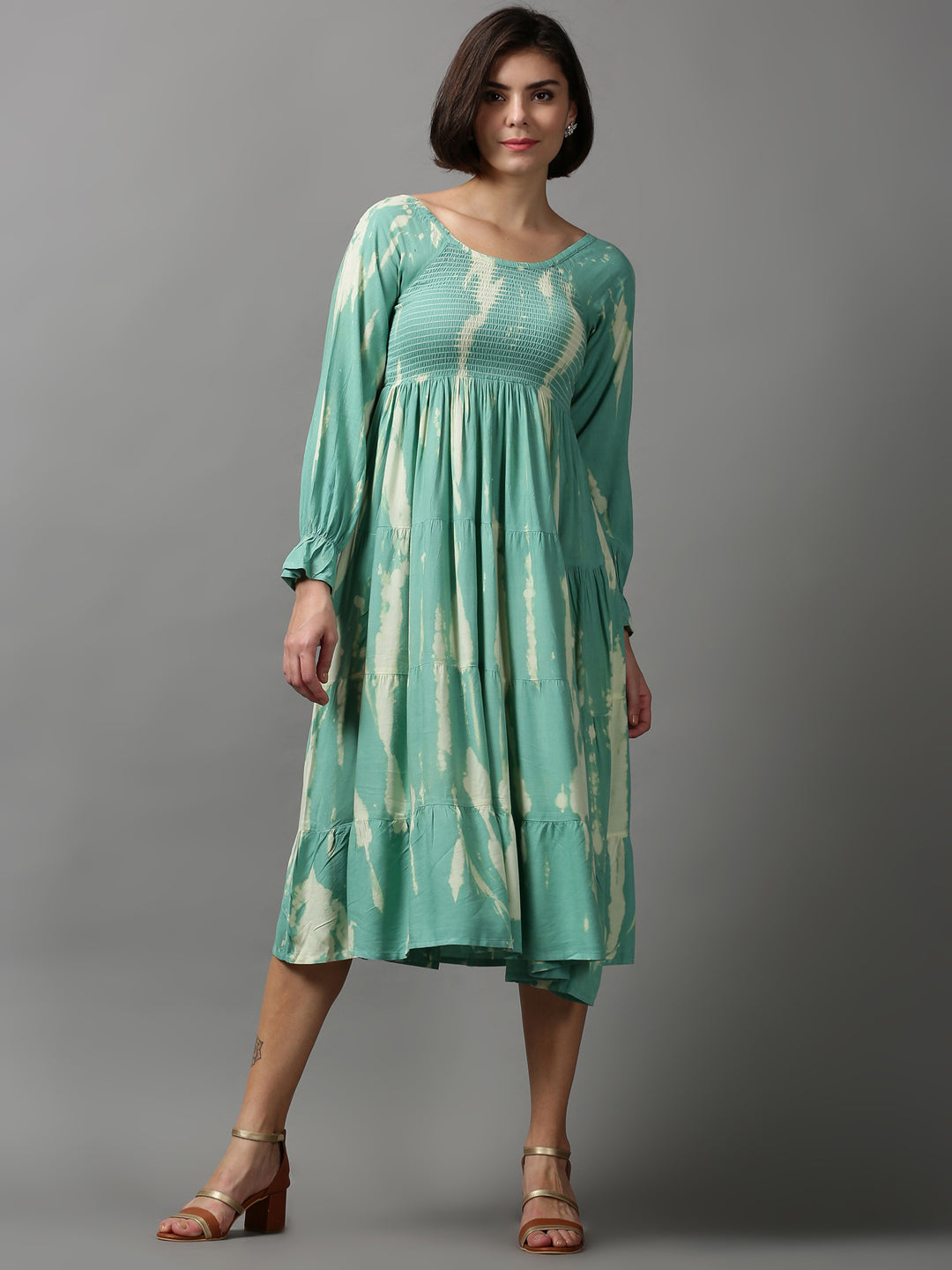 Women's Sea Green Floral Printed Tie and Dye Smocked Cotton Maxi Dress