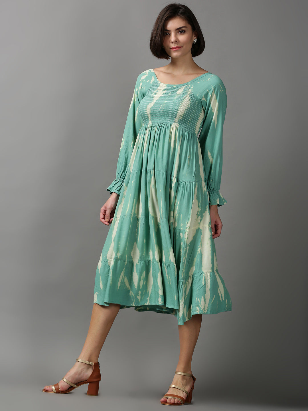 Women's Sea Green Floral Printed Tie and Dye Smocked Cotton Maxi Dress