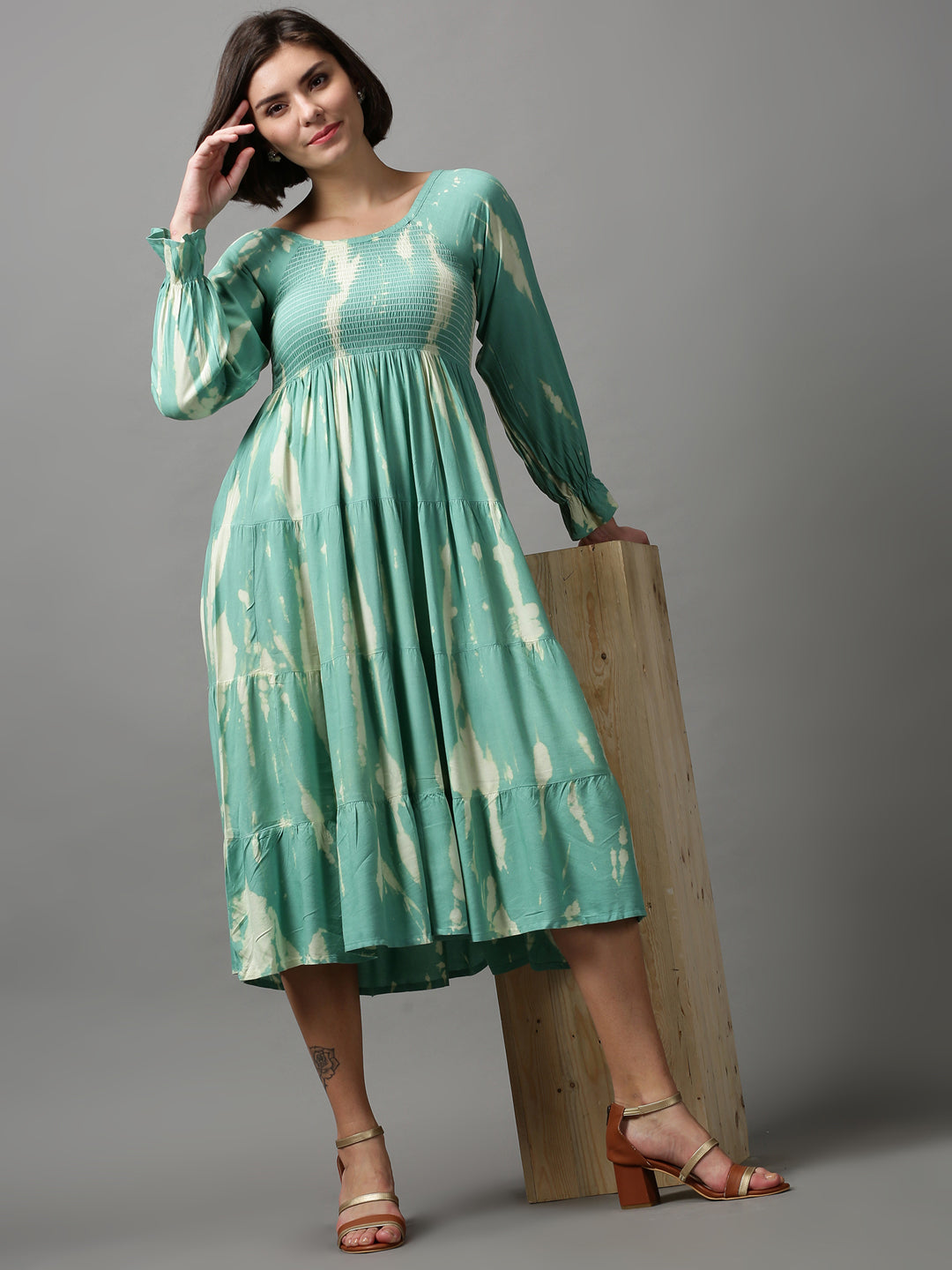 Women's Sea Green Floral Printed Tie and Dye Smocked Cotton Maxi Dress