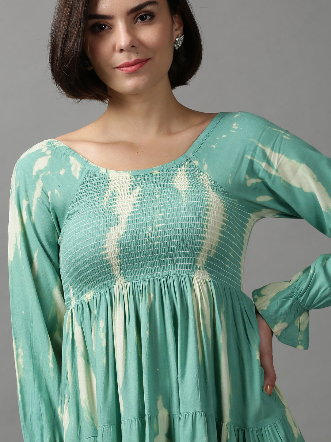 Women's Sea Green Floral Printed Tie and Dye Smocked Cotton Maxi Dress