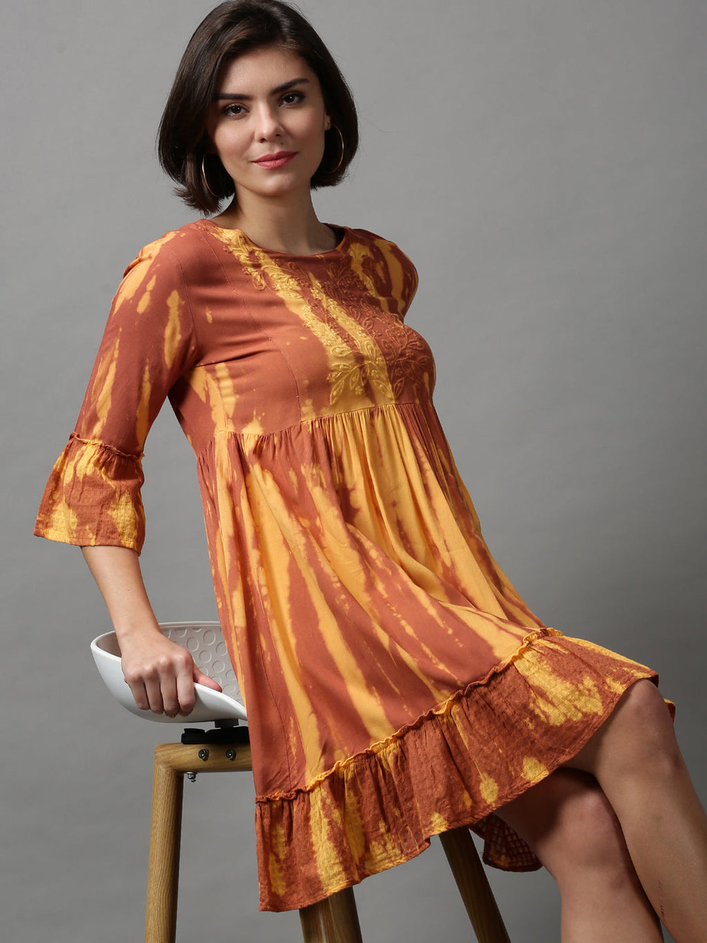 Women's Brown Tie and Dye Dyed Empire Dress