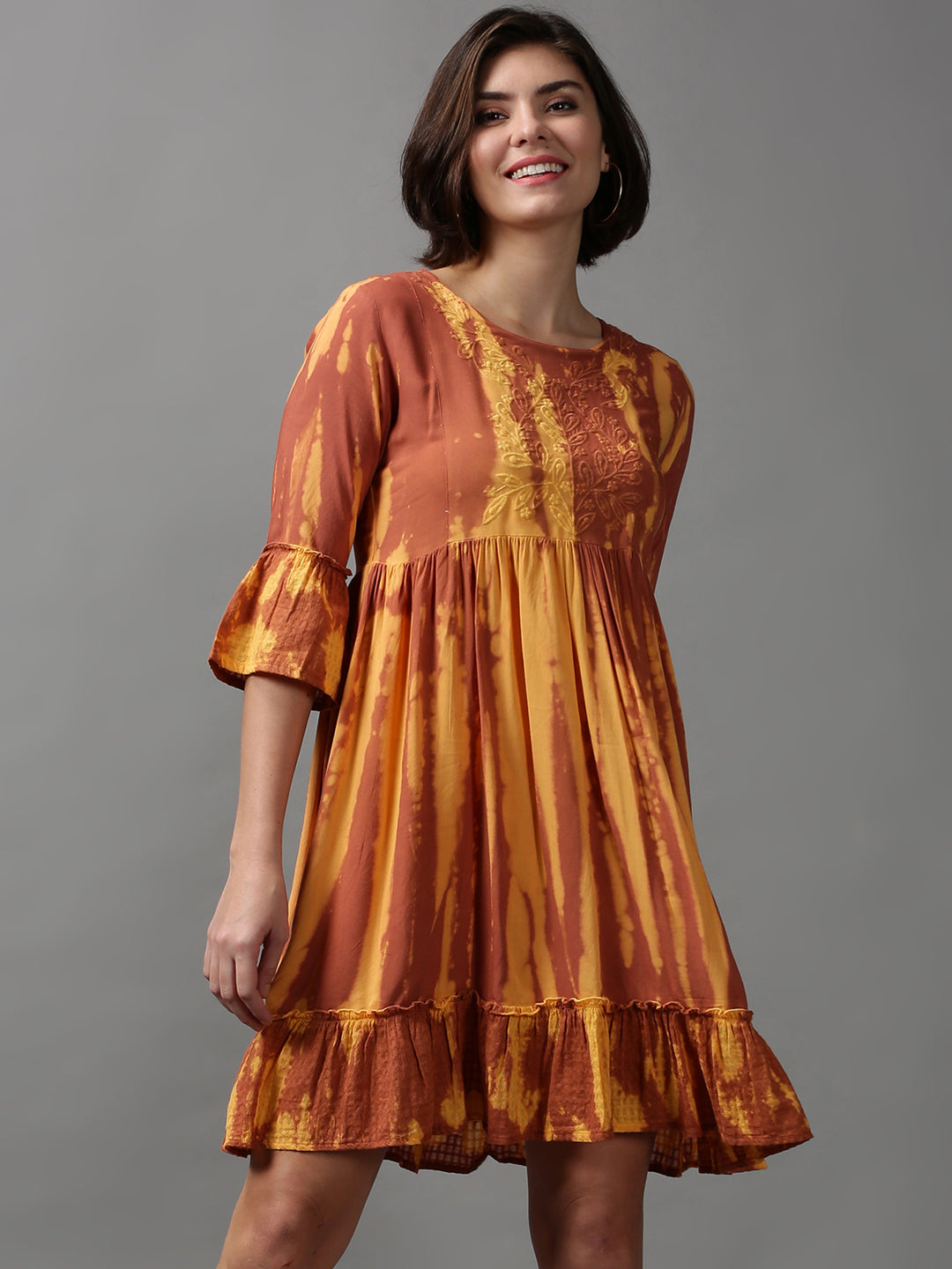 Women's Brown Tie and Dye Dyed Empire Dress