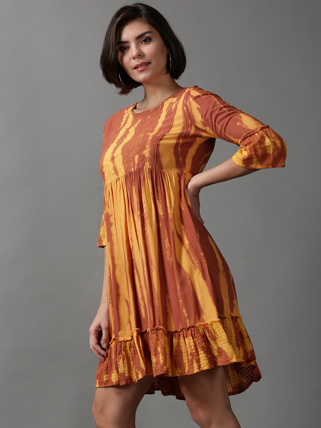 Women's Brown Tie and Dye Dyed Empire Dress