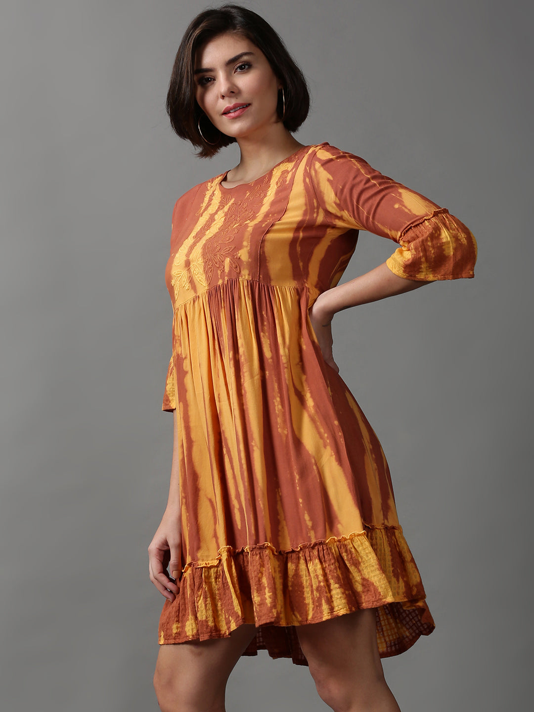 Women's Brown Tie and Dye Dyed Empire Dress