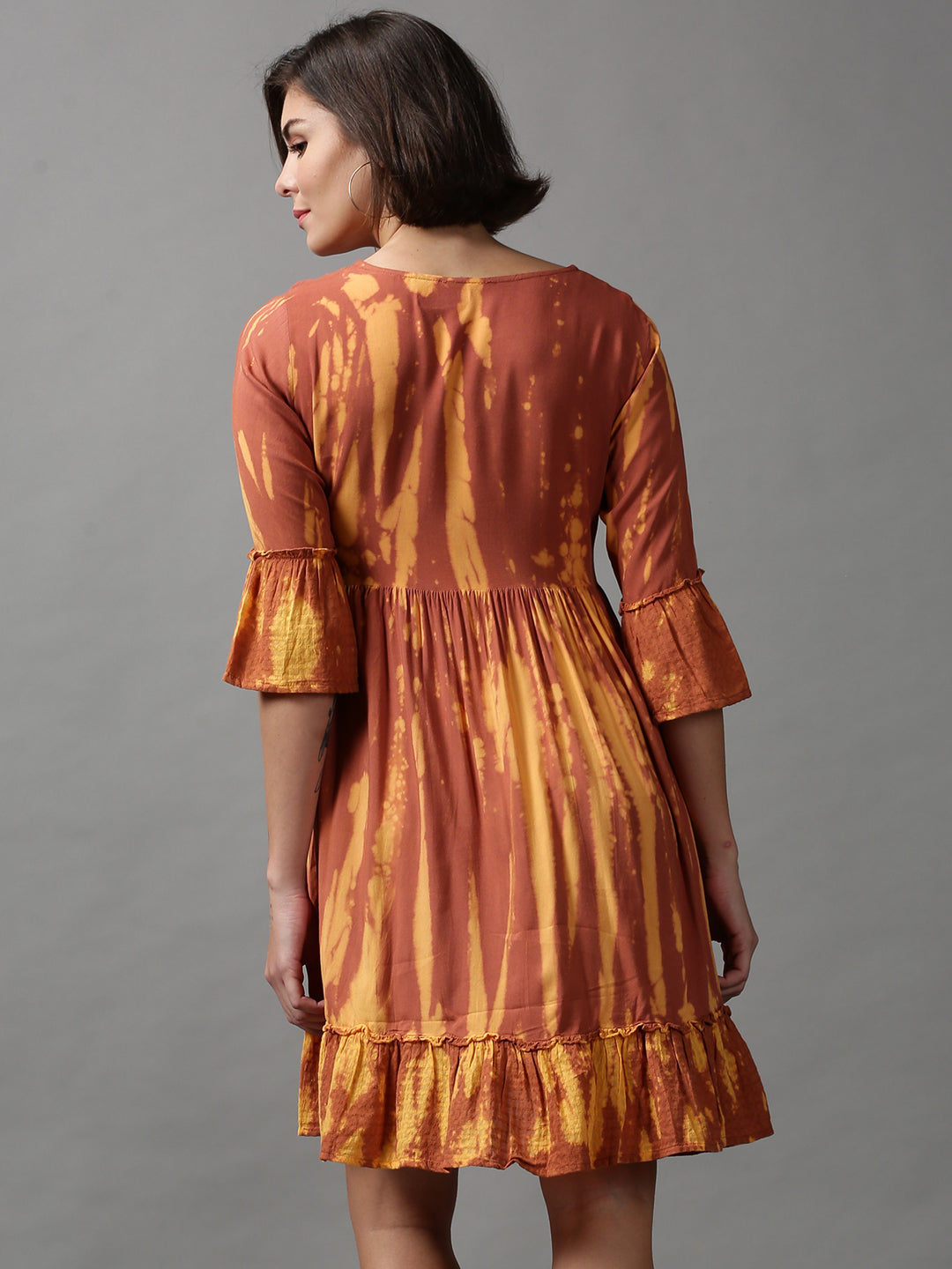 Women's Brown Tie and Dye Dyed Empire Dress
