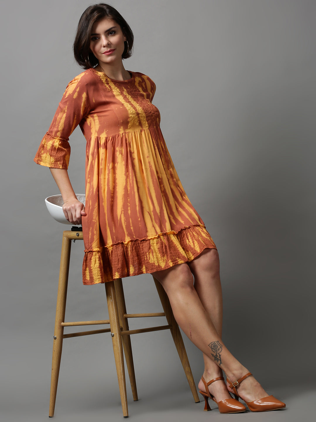 Women's Brown Tie and Dye Dyed Empire Dress