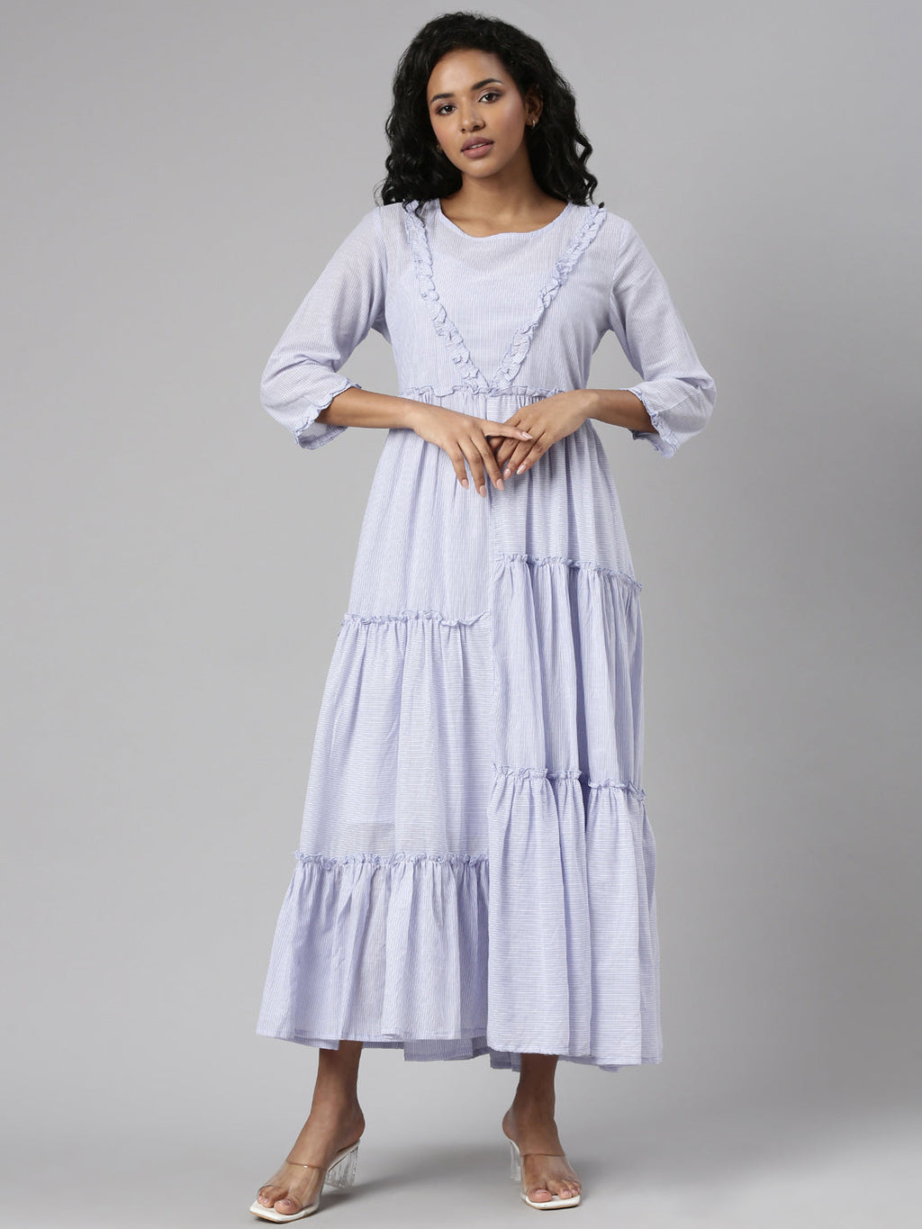 Women's Lavender Striped Fit & Flare Maxi Dress