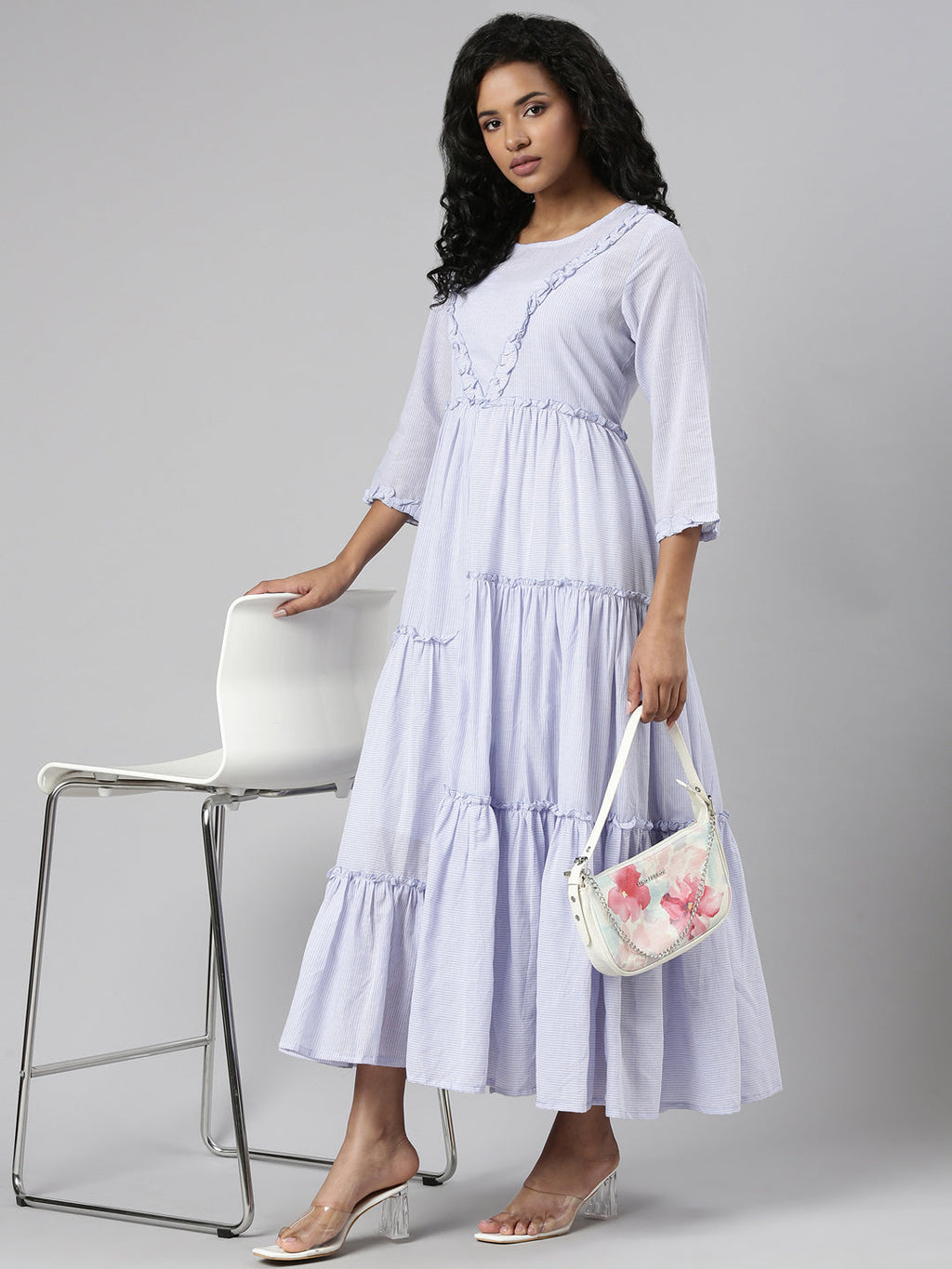 Women's Lavender Striped Fit & Flare Maxi Dress