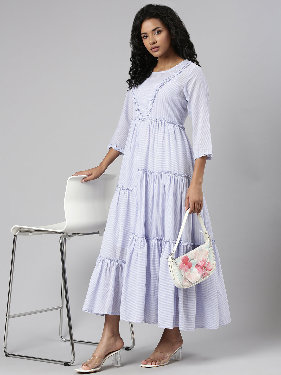 Women's Lavender Striped Fit & Flare Maxi Dress