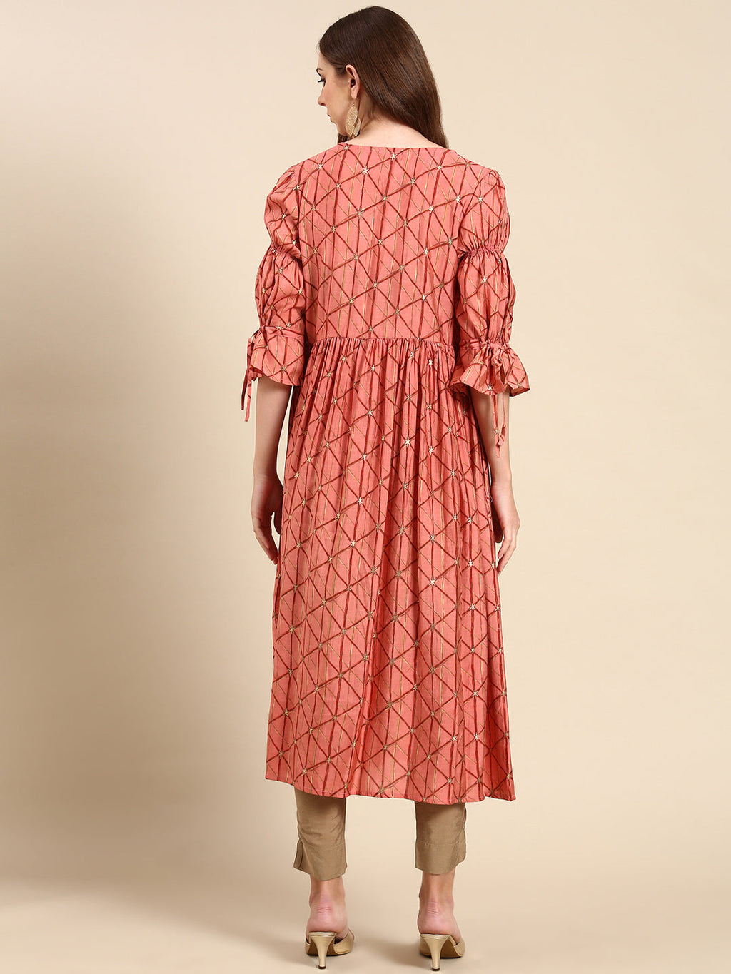 Women's Coral Geometric Printed Puff Sleeves Anarkali Kurta