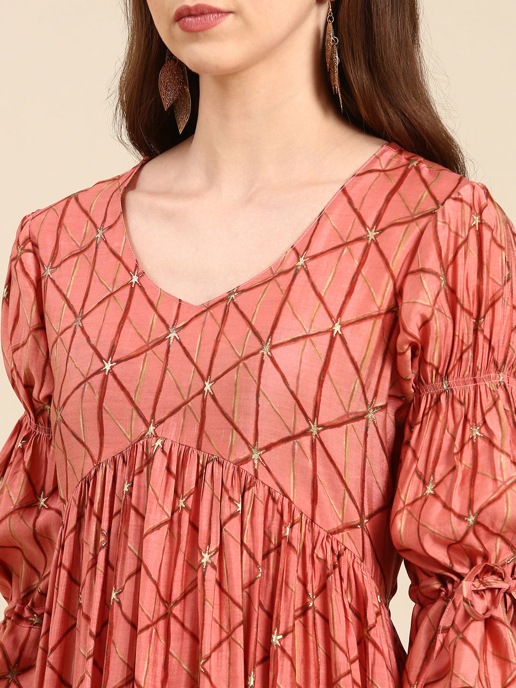 Women's Coral Geometric Printed Puff Sleeves Anarkali Kurta