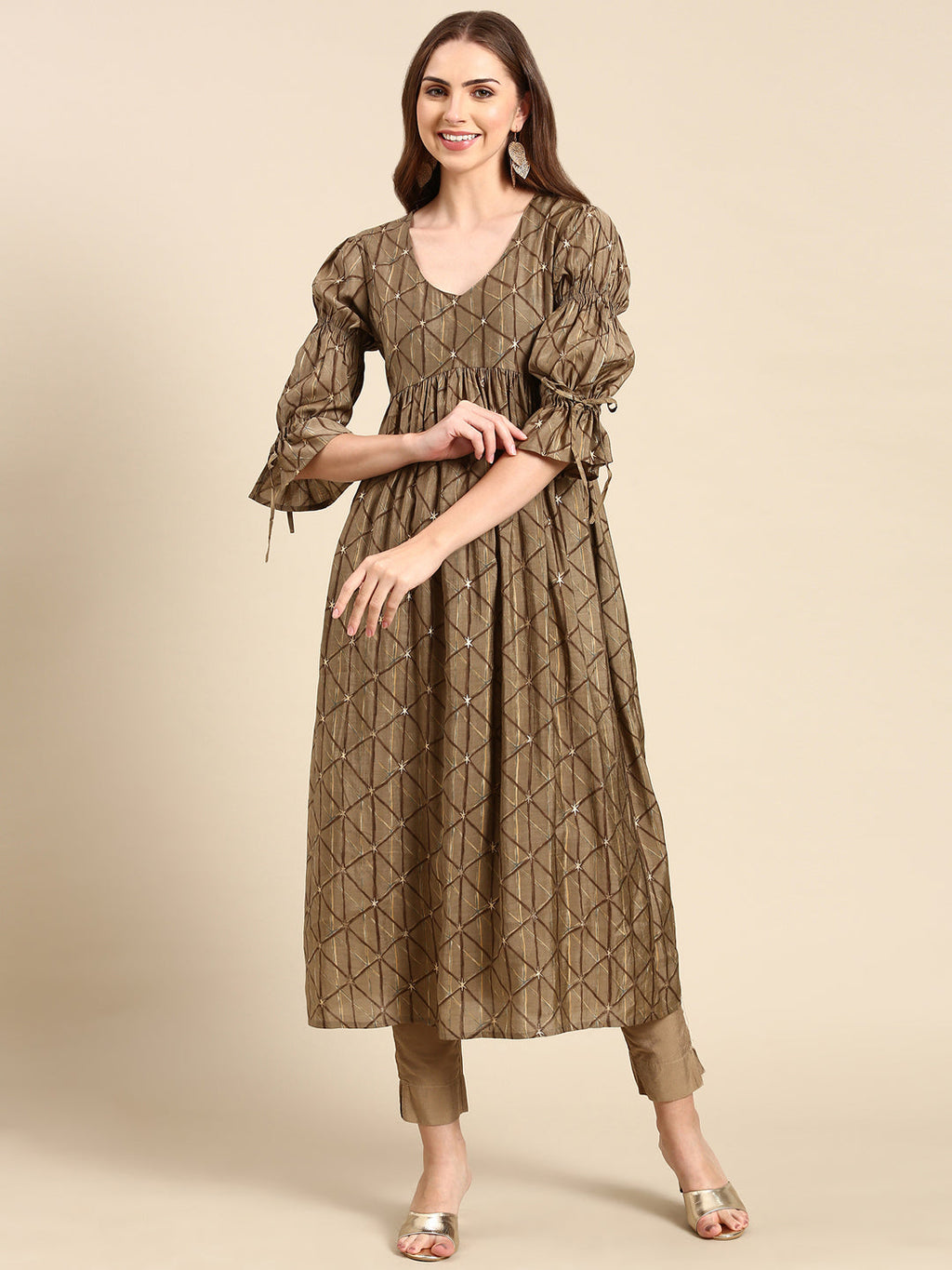 Women's Taupe Geometric Printed Puff Sleeves Anarkali Kurta
