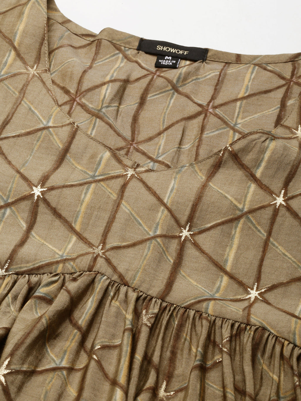 Women's Taupe Geometric Printed Puff Sleeves Anarkali Kurta