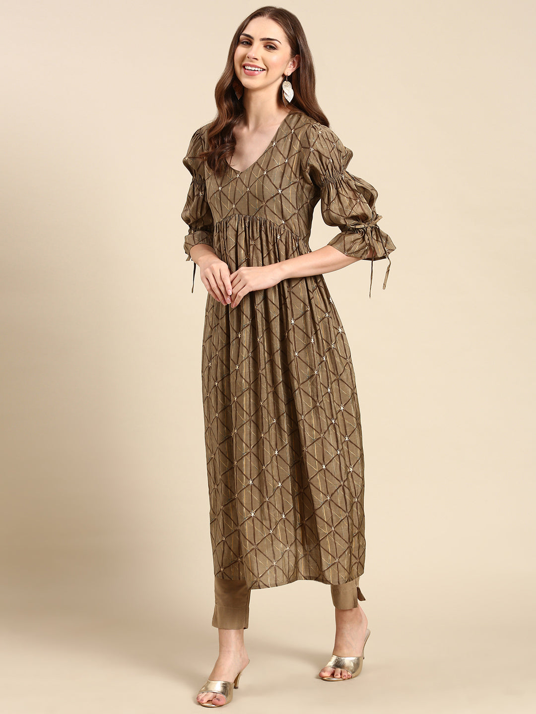 Women's Taupe Geometric Printed Puff Sleeves Anarkali Kurta