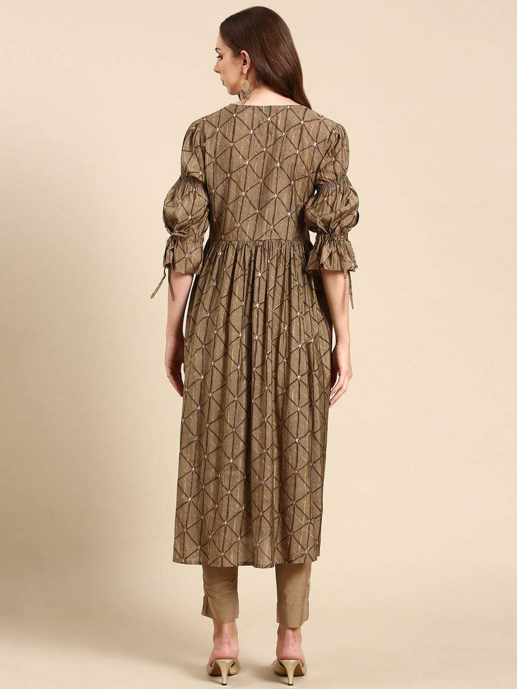Women's Taupe Geometric Printed Puff Sleeves Anarkali Kurta