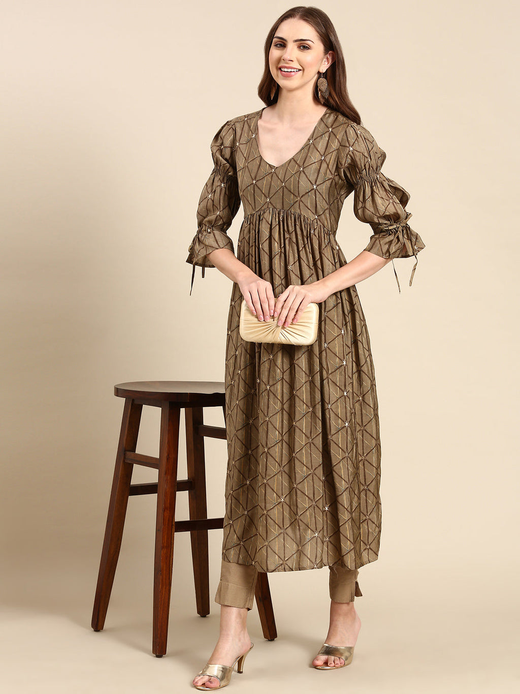 Women's Taupe Geometric Printed Puff Sleeves Anarkali Kurta