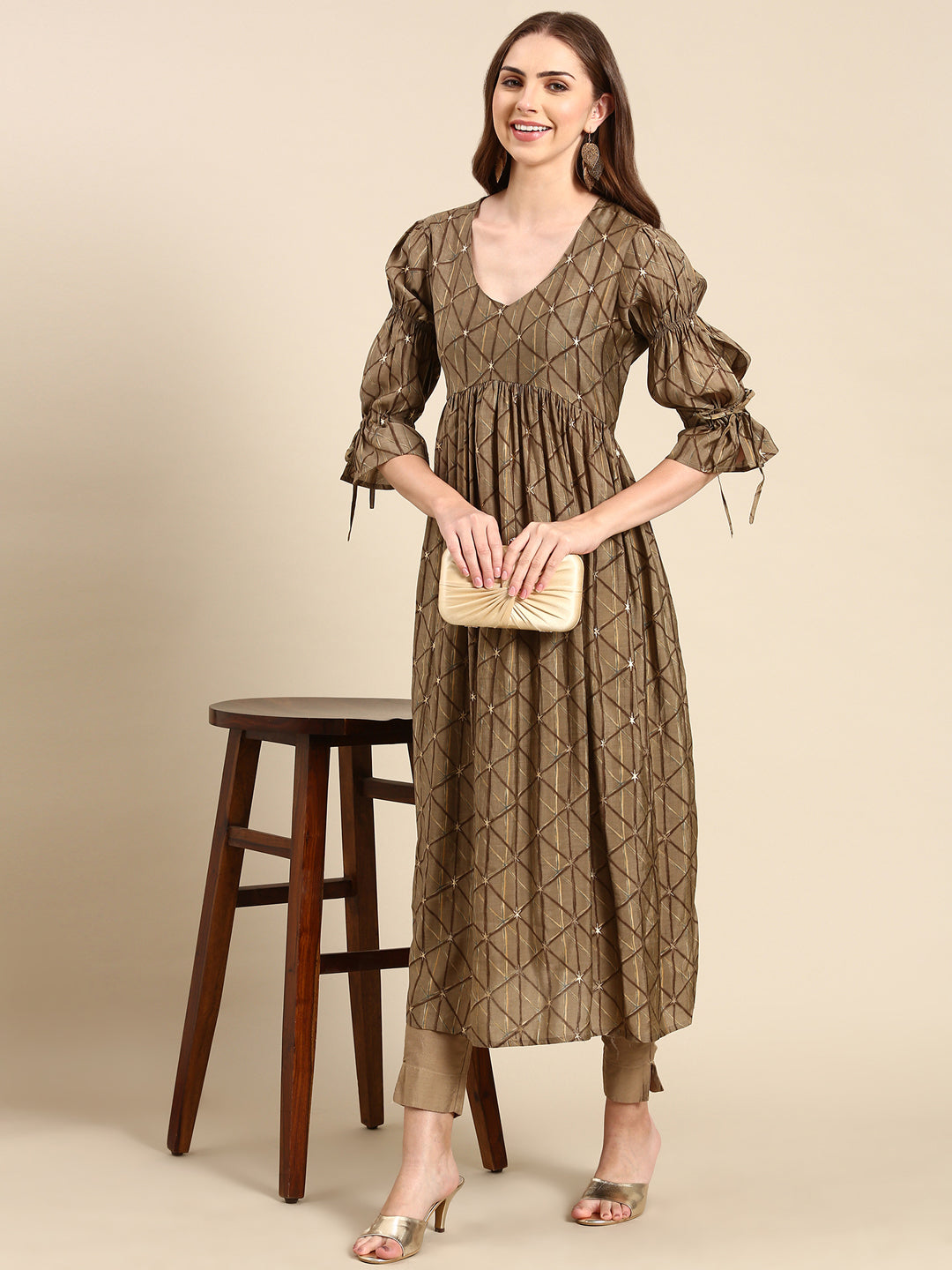 Women's Taupe Geometric Printed Puff Sleeves Anarkali Kurta