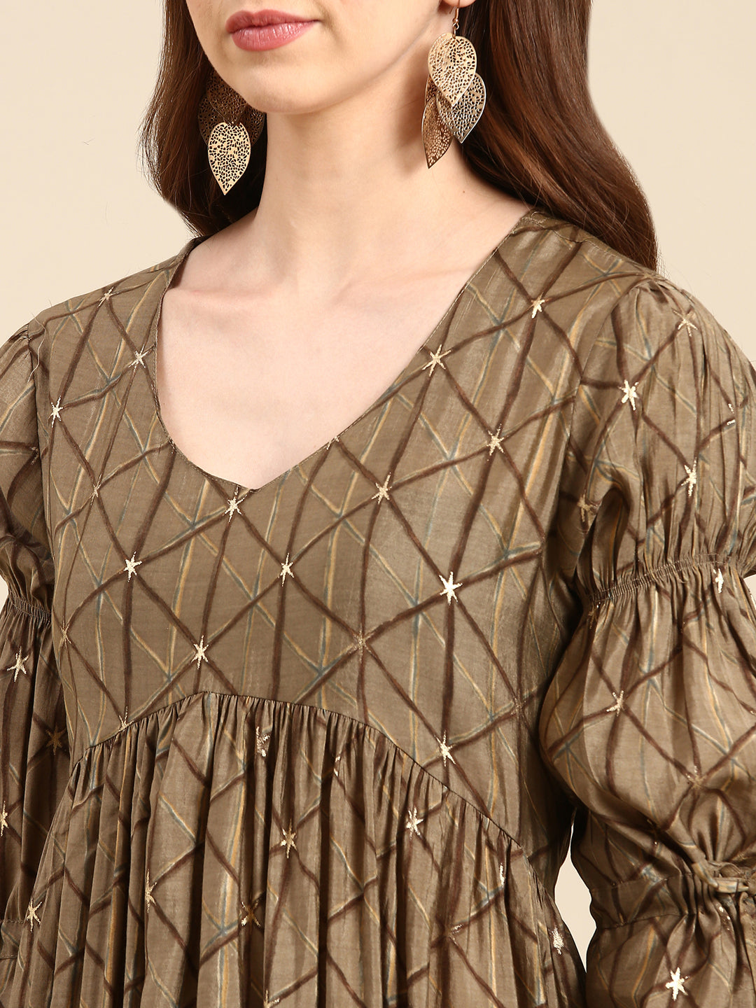 Women's Taupe Geometric Printed Puff Sleeves Anarkali Kurta