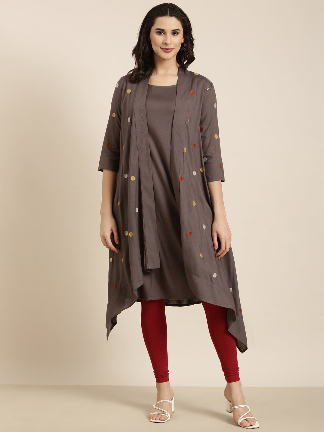 Women's A-Line Grey Solid Kurta Comes With Overcoat