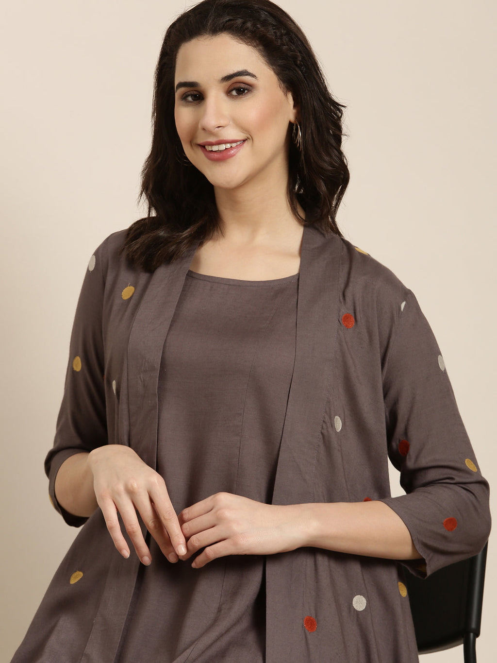 Women's A-Line Grey Solid Kurta Comes With Overcoat