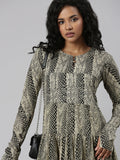 Women's Beige Abstract Printed Cotton Empire Dress