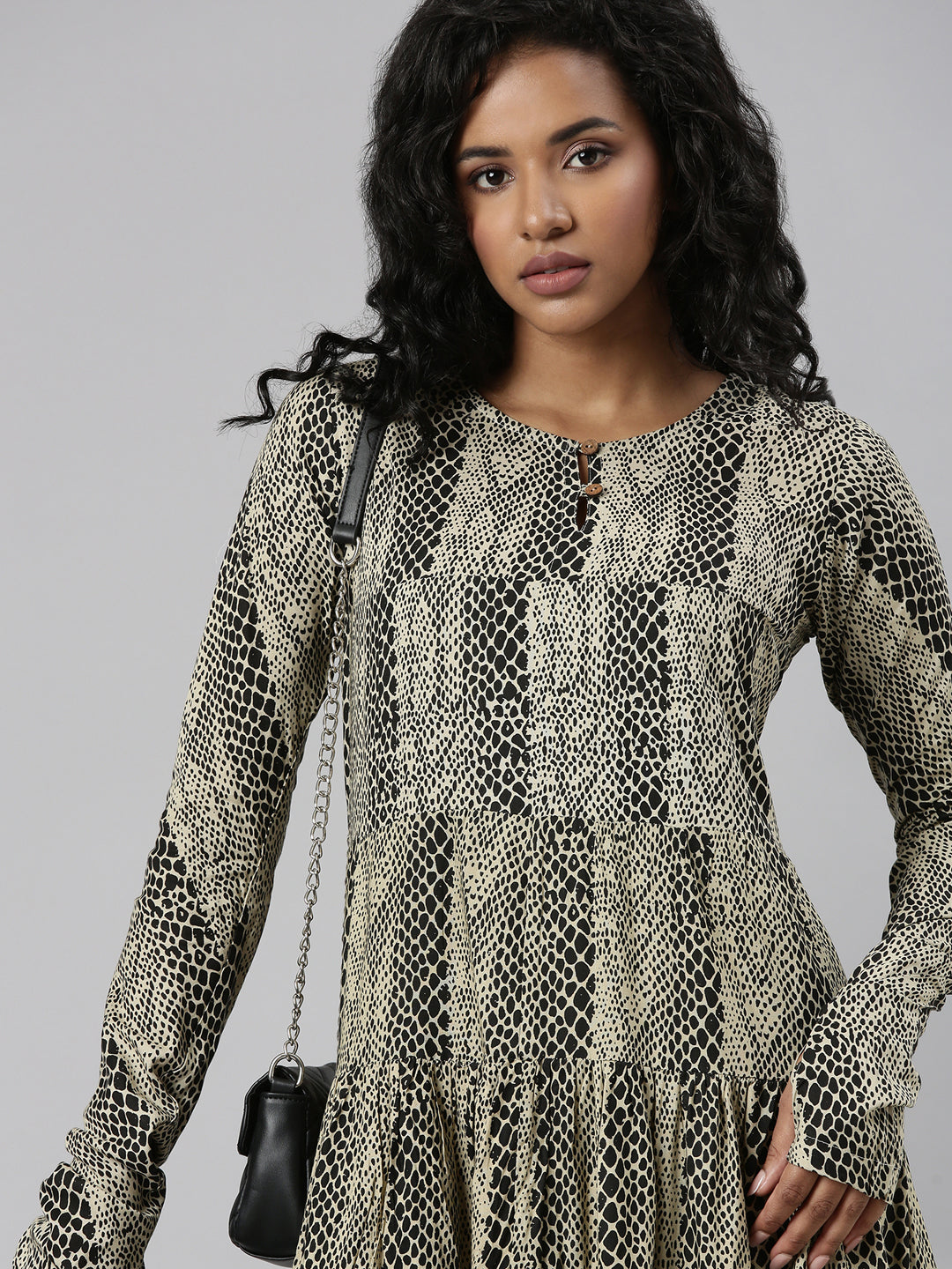 Women's Beige Abstract Printed Cotton Empire Dress