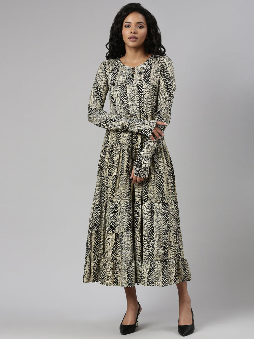 Women's Beige Abstract Printed Cotton Empire Dress