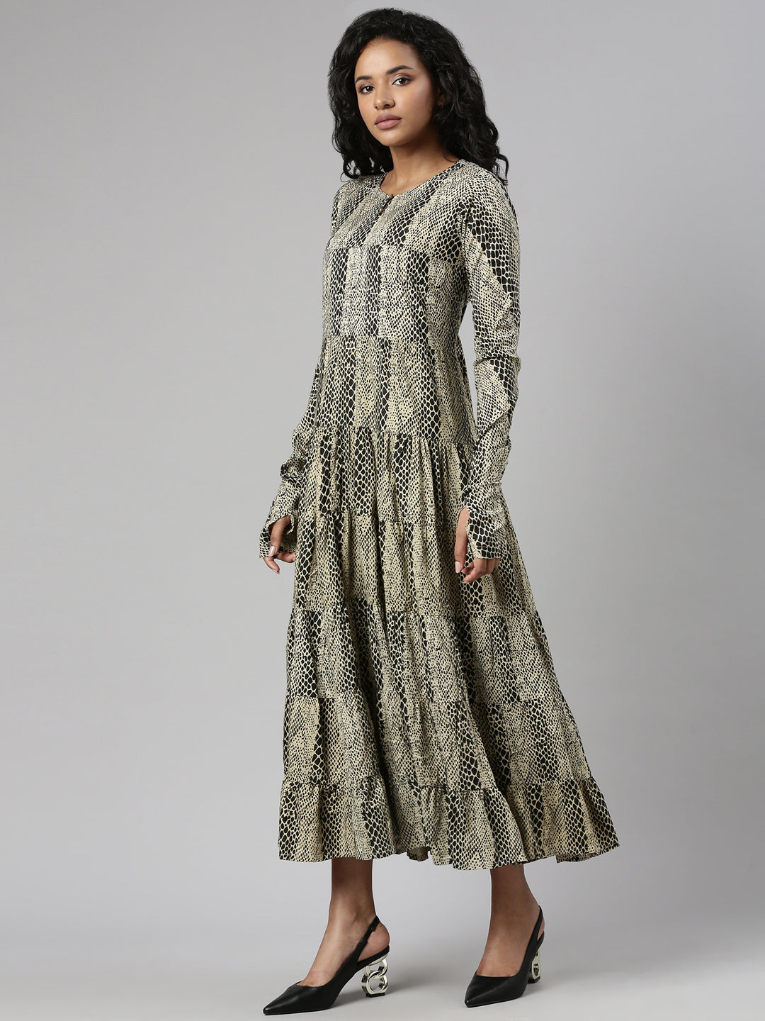 Women's Beige Abstract Printed Cotton Empire Dress