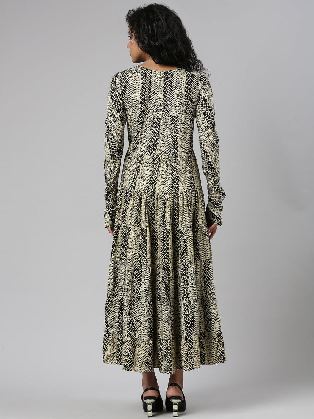 Women's Beige Abstract Printed Cotton Empire Dress