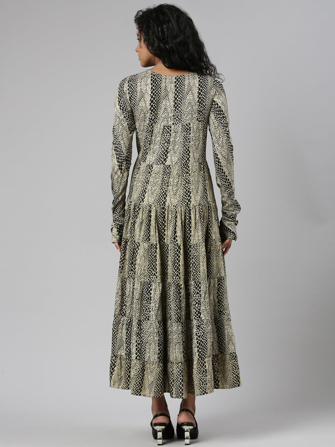 Women's Beige Abstract Printed Cotton Empire Dress