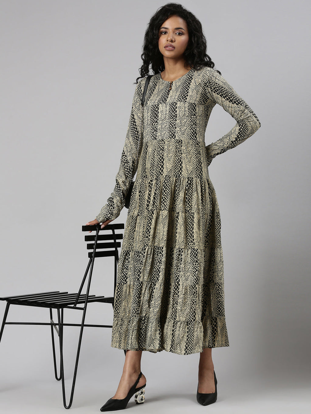 Women's Beige Abstract Printed Cotton Empire Dress