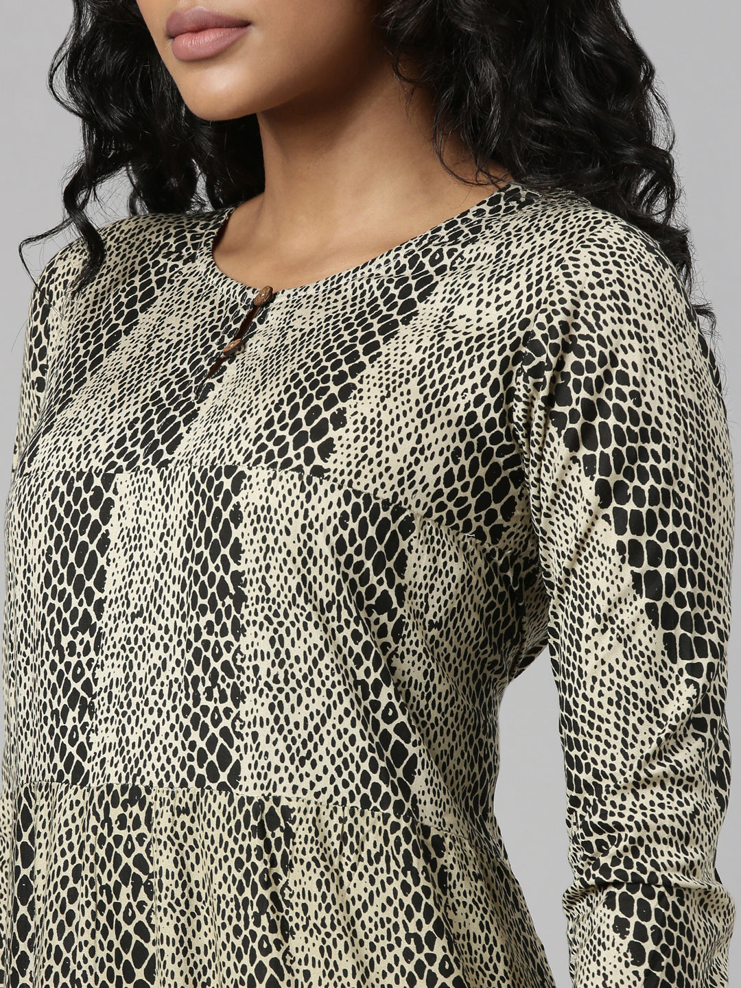 Women's Beige Abstract Printed Cotton Empire Dress