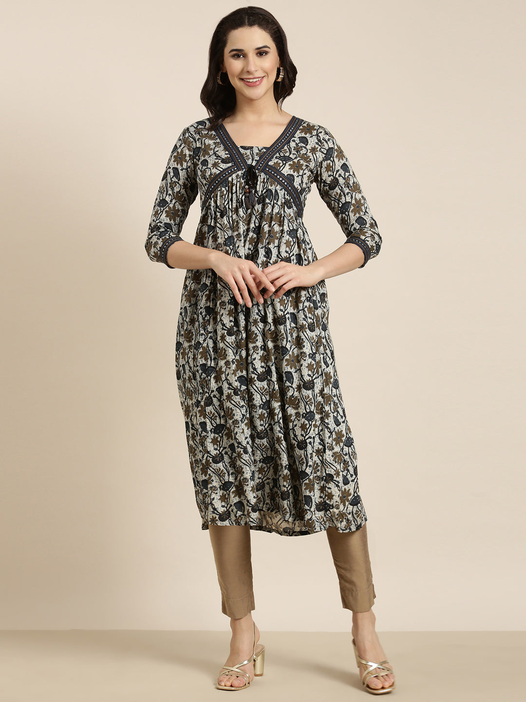 Women's Floral Anarkali Navy Blue Kurta