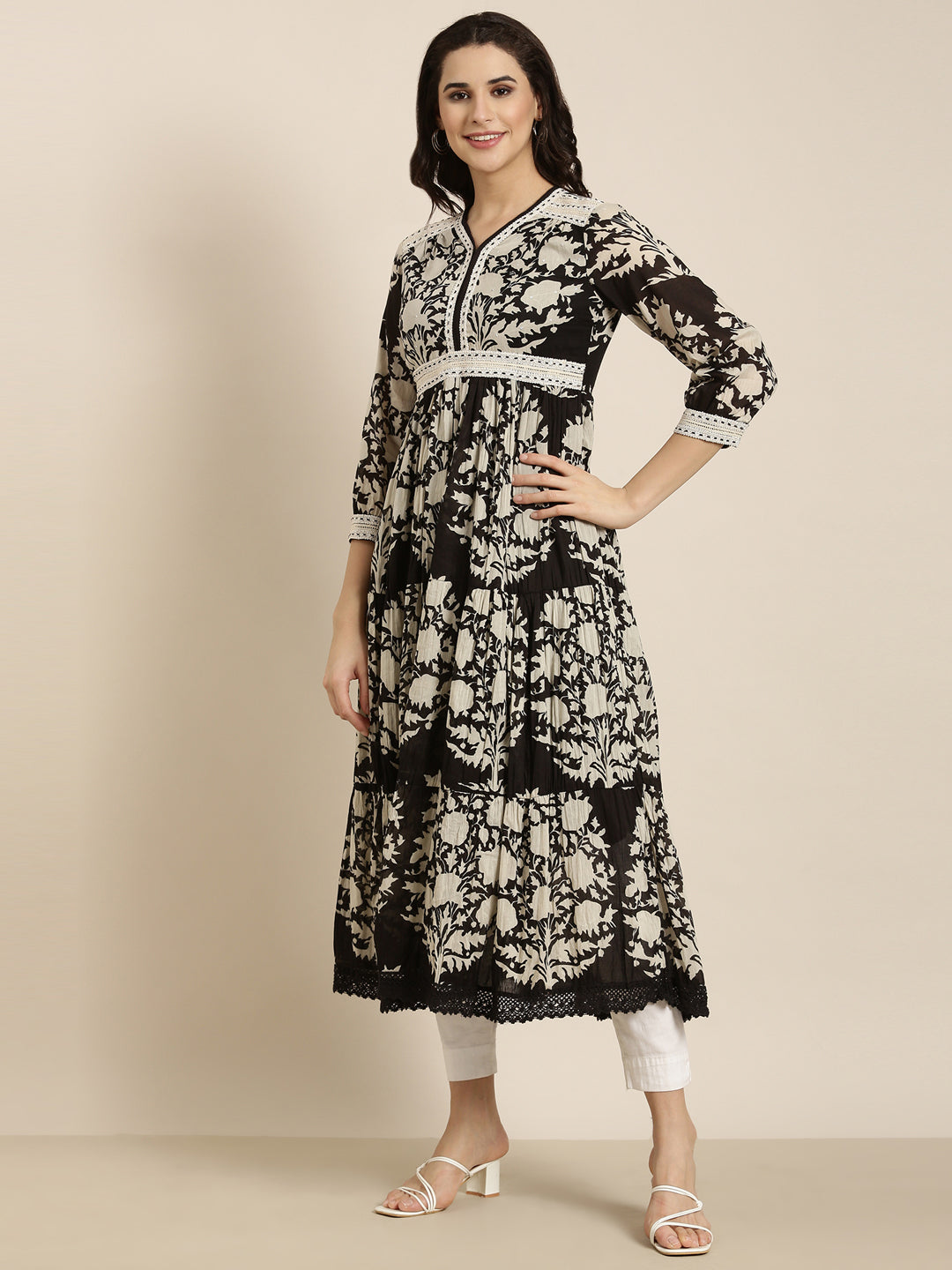 Women's Anarkali Black Floral Kurta