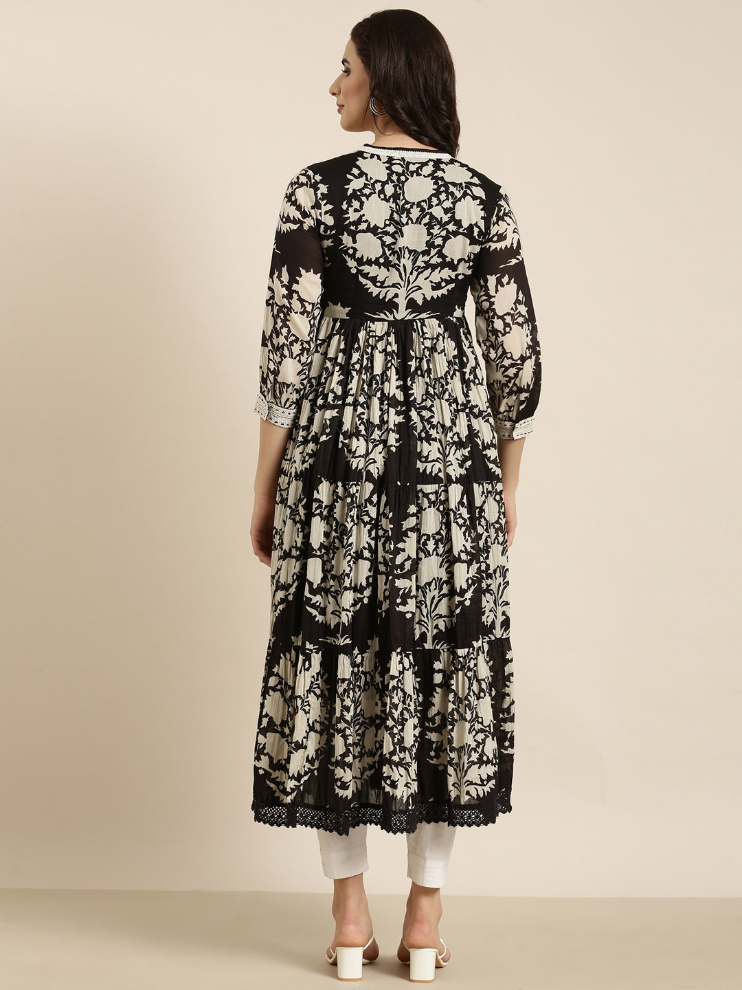 Women's Anarkali Black Floral Kurta