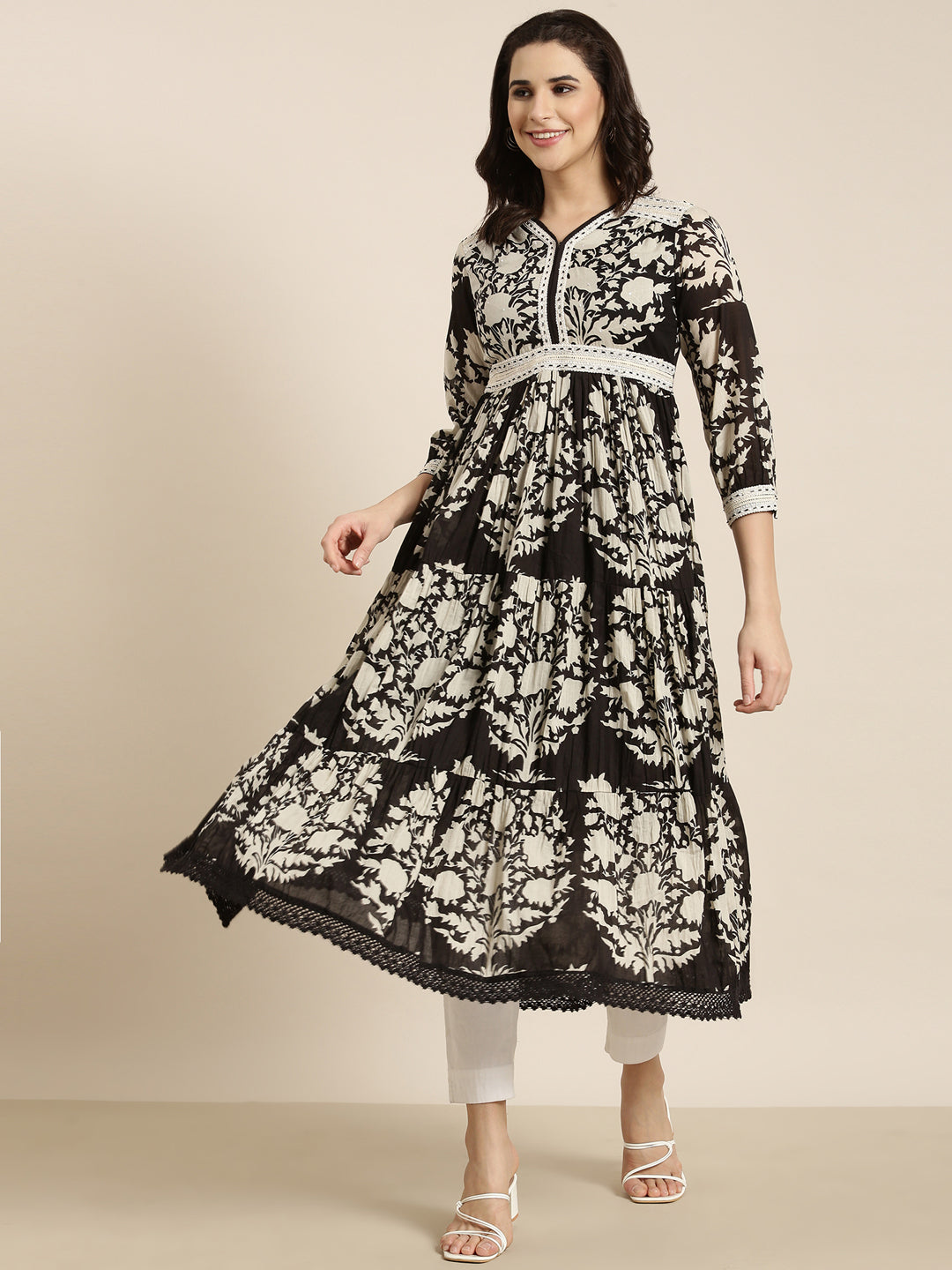 Women's Anarkali Black Floral Kurta