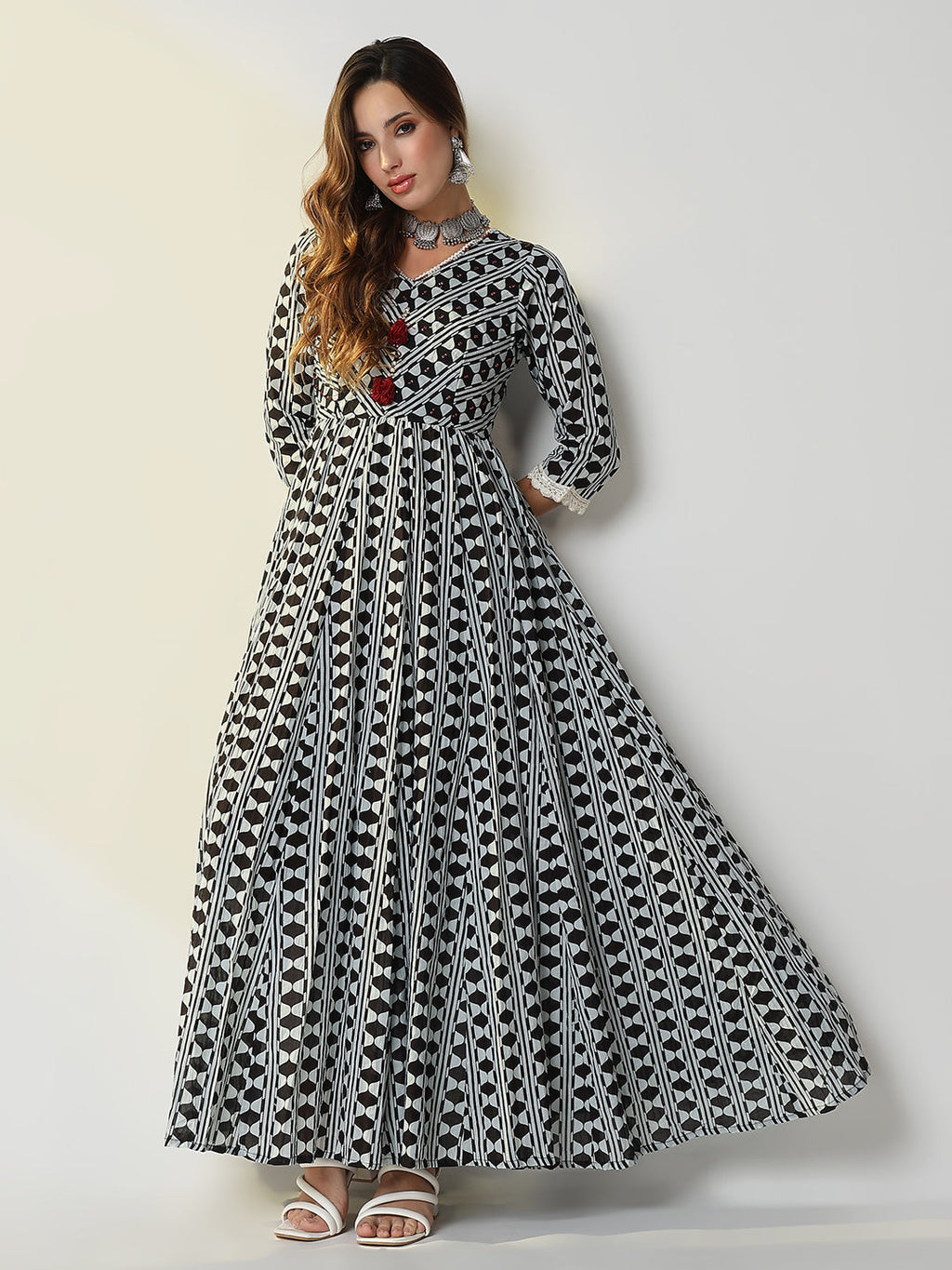 Women's Black Geometric Anarkali Kurta