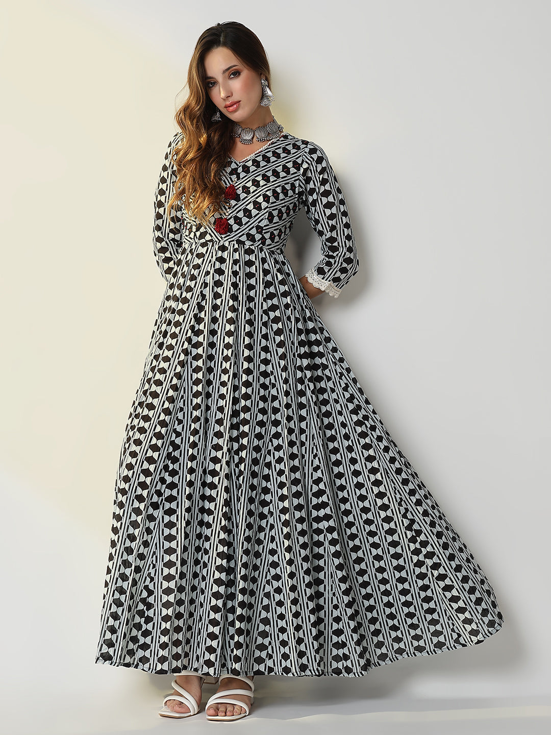 Women's Black Geometric Anarkali Kurta