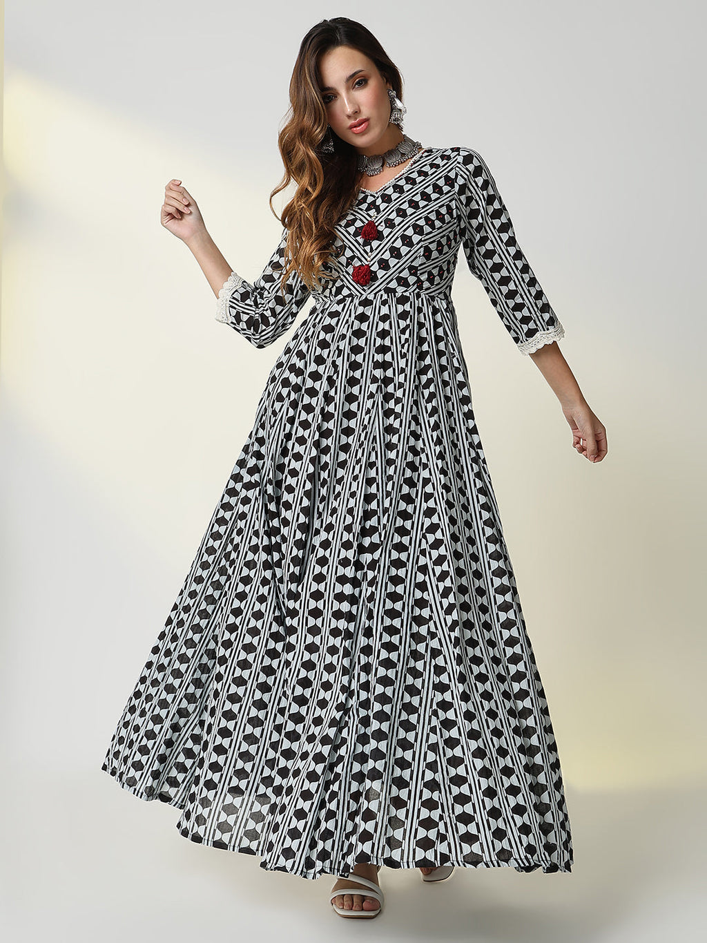 Women's Black Geometric Anarkali Kurta