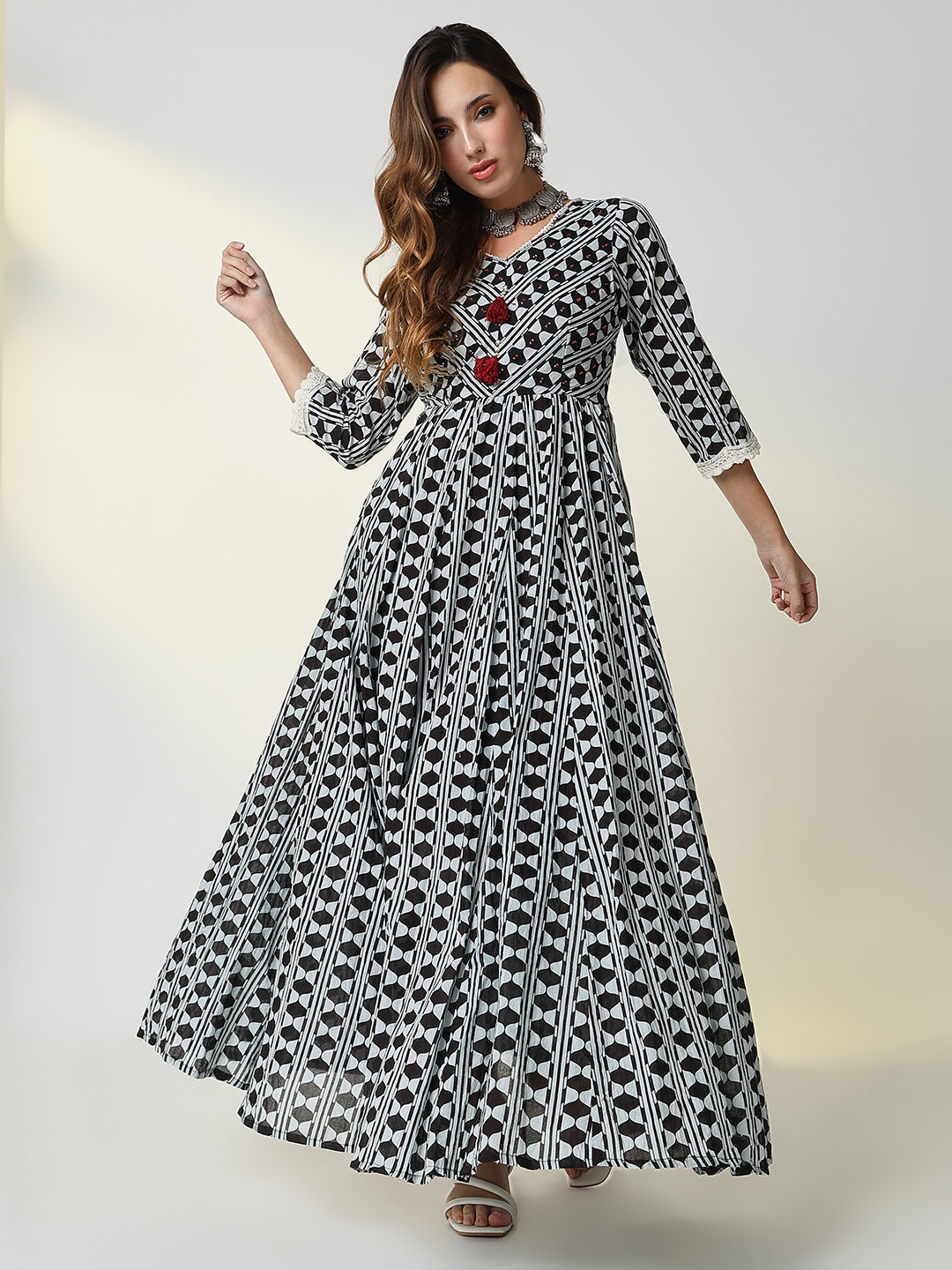Women's Black Geometric Anarkali Kurta