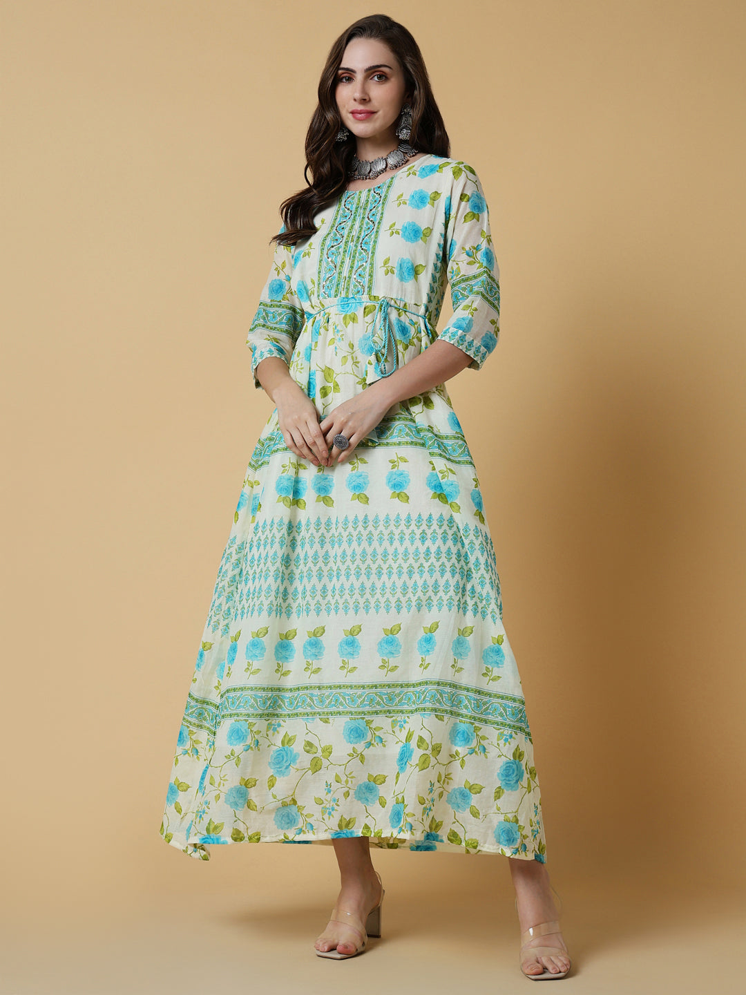Women's Off White Floral A-Line Kurta