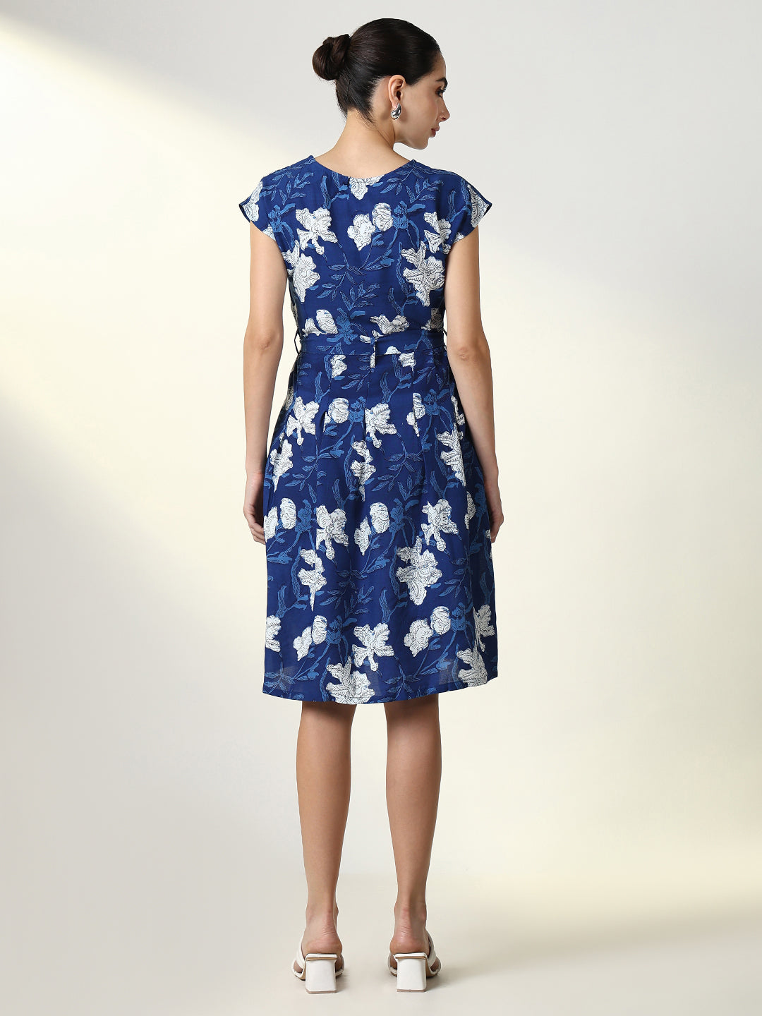 Women's Blue Cotton Floral Print Fit & Flare Dress
