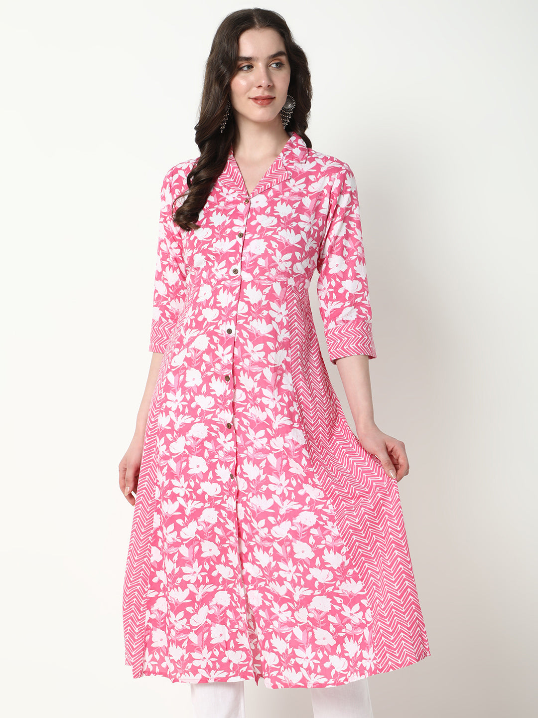 Women's Pink Floral A-Line Kurta