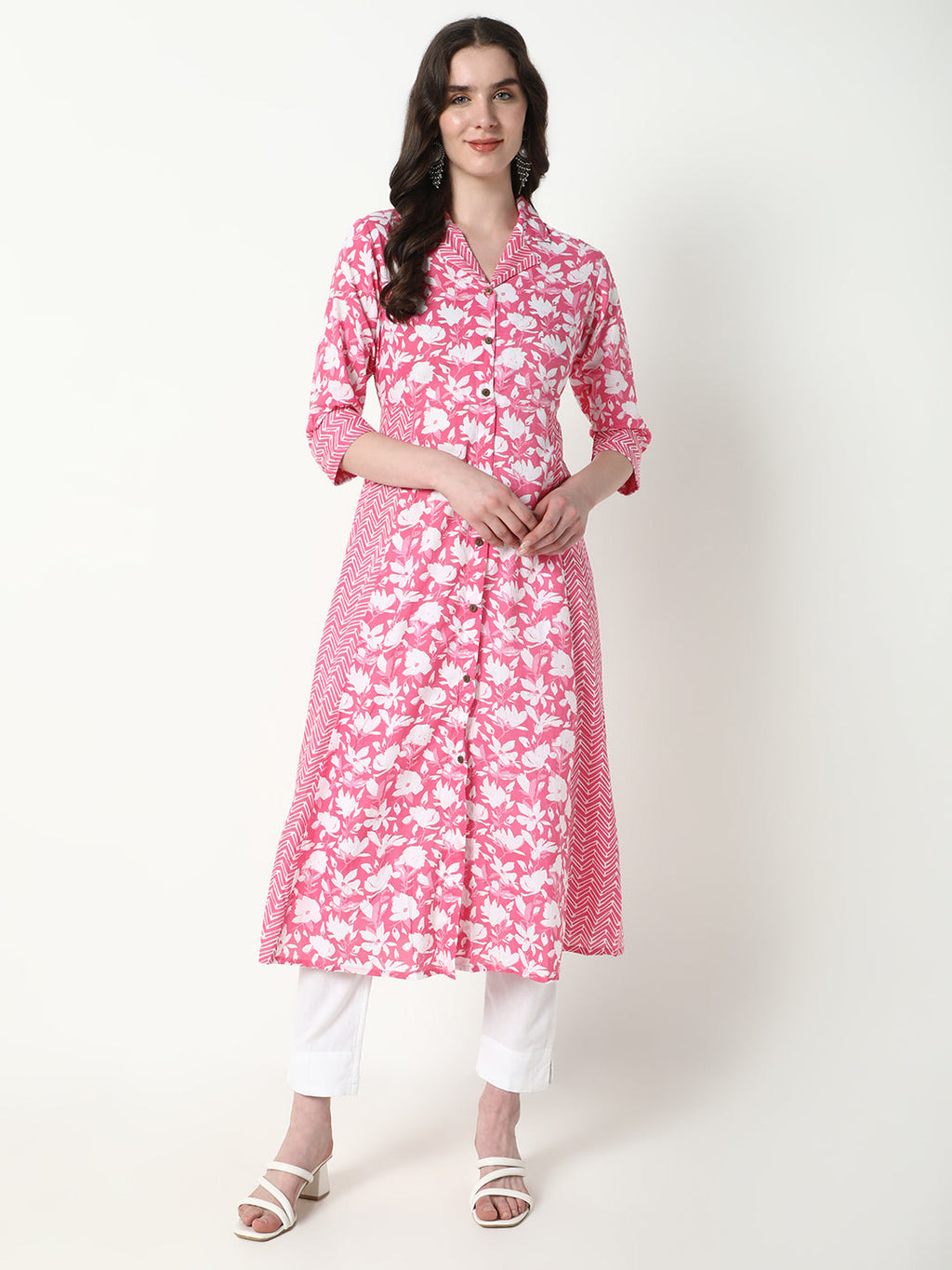 Women's Pink Floral A-Line Kurta