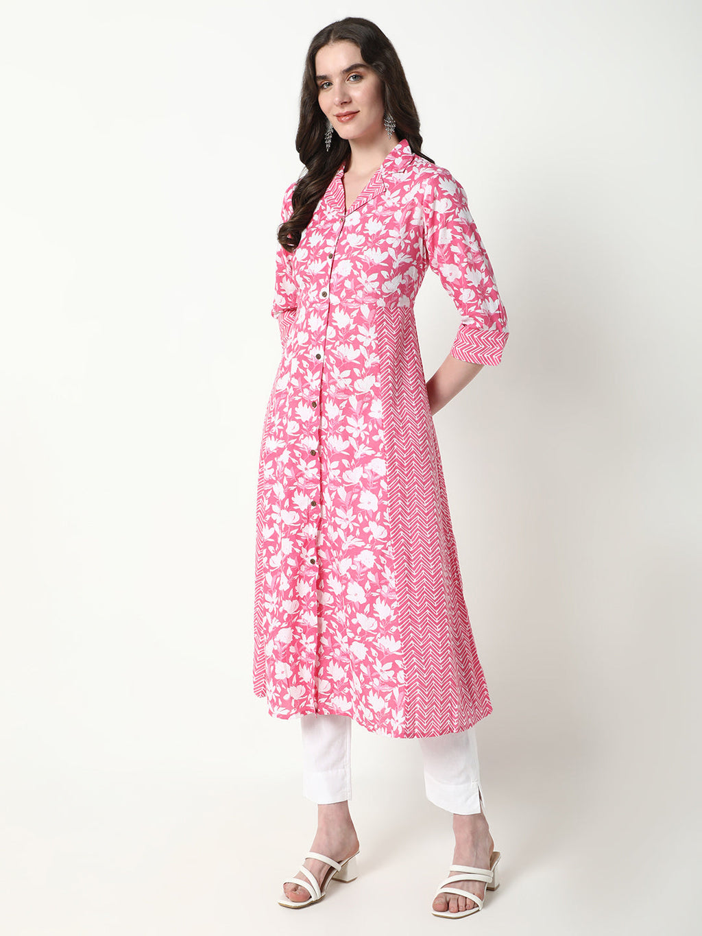 Women's Pink Floral A-Line Kurta