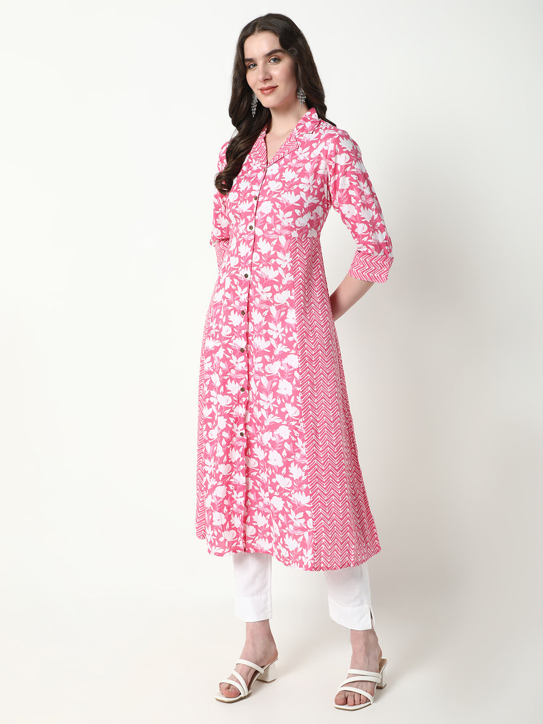 Women's Pink Floral A-Line Kurta